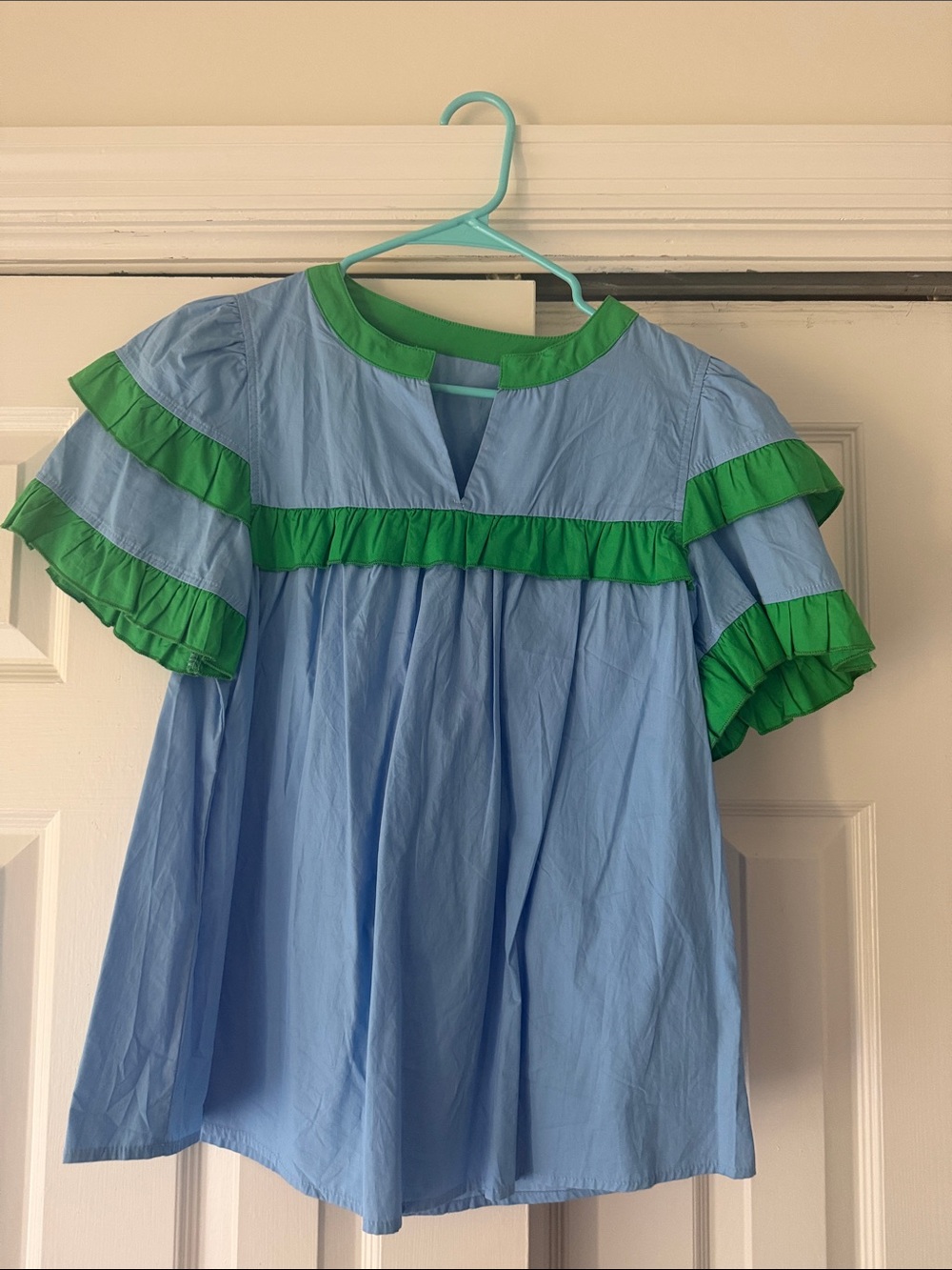 Girls Light Blue Blouse with Green Ruffle Trim